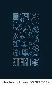 STEM - Science, Technology, Engineering and Math concept vertical colored banner in thin line style. Vector linear illustration with dark background