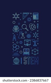 STEM - Science, Technology, Engineering and Math concept vertical blue banner in outline style. Vector linear illustration 