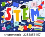 STEM. Science, technology, engineering, mathematics. Science education collage with hand written word "STEM"