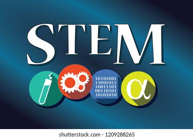 STEM - Science, Technology, Engineering and Mathematics education concept. STEM acronym with icons representing each discipline. Vector illustration EPS 10.