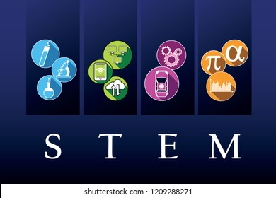 STEM - Science, Technology, Engineering and Mathematics education concept. STEM acronym with icons representing each discipline. Vector illustration EPS 10.