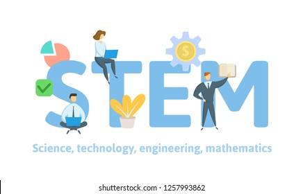 STEM, science, technology, engineering and mathematics. Concept with keywords, letters, and icons. Colored flat vector illustration on white background.