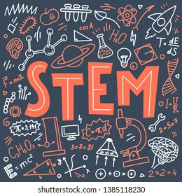 STEM. Science, technology, engineering, mathematics. Science education doodles and hand written word "STEM"