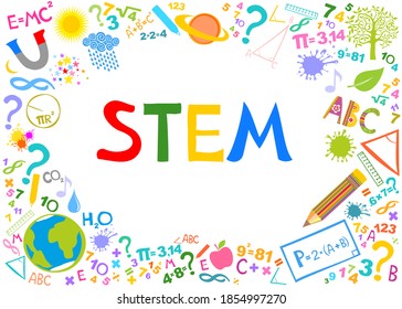 STEM. Science, technology, engineering, mathematics. Science education doodles.  E-learning, modern and innovative Stem education concept. Education background design. Vector Illustration