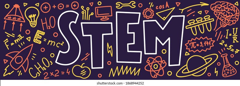 STEM. Science, Technology, Engineering, Mathematics. Science Education Doodles And Hand Written Word 