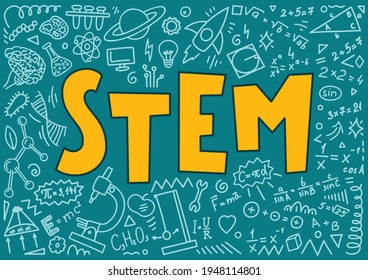 STEM. Ciencia, tecnología, ingeniería, matemáticas. Dibujos didácticos de la ciencia y la palabra escrita a mano "STEM"