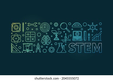 STEM: Science, Technology, Engineering, Mathematics creative vector horizontal colorful banner or illustration in thin line style