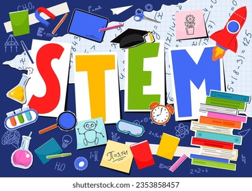 STEM. Ciencia, tecnología, ingeniería, matemáticas. Collage de la educación científica con la palabra escrita a mano "STEM"