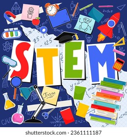 STEM. Ciencia, tecnología, ingeniería, matemáticas. Collage de la educación científica con la palabra escrita a mano "STEM". Composición cuadrada