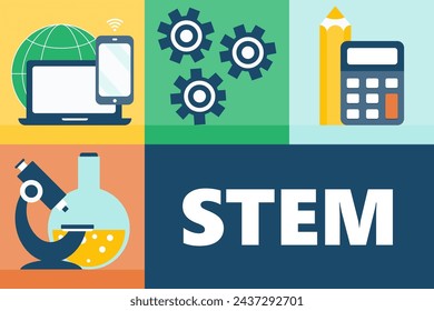 STEM - ciencia, tecnología, ingeniería y matemáticas con texto. Ilustración vectorial para aplicaciones y sitios web educativos.