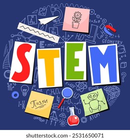 STEM. Science, technology, engineering, mathematics. Science education doodle with hand drawn word "STEM". 