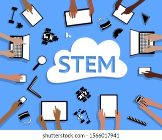 STEM Science Technology Engineering Maths Device Tablets Cloud Robots and Hands grouped and layered