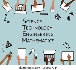 STEM Science Technology Engineering Maths Device Tablets Cloud and Hands grouped and layered