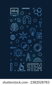 STEM Science, Technology, Engineering and Maths concept vertical blue banner in outline style - vector linear illustration with dark background