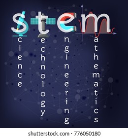 STEM (science, technology, mathematics, engineering) education concept with text on dark blue background. Cartoon vector illustration.
