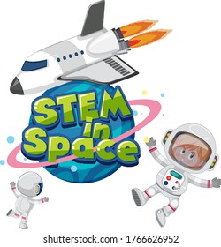 Stem in space logo with astronauts and spaceship isolated illustration
