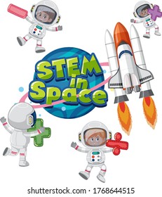 Stem in space logo with kids wearing astronaut costume and spaceship illustration