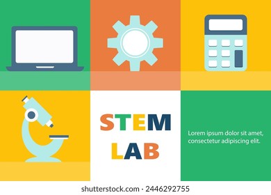 STEM, STEAM Lab Web Banner. In: STEAM and STEM education. Wissenschaft, Technologie, Ingenieurwesen, Kunst, Mathematik. Vektorillustration.