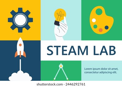 STEM, STEAM lab Web Banner. STEAM and STEM education. Science, Technology, Engineering, Arts, Mathematics. Vector illustration.