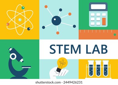 STEM, STEAM lab Web Banner. STEAM and STEM education. Science, Technology, Engineering, Arts, Mathematics. Vector illustration.