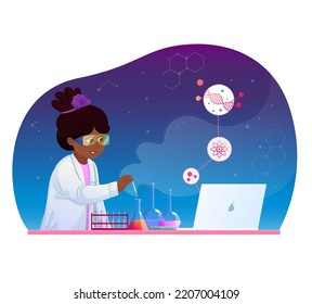STEM. The student makes chemical experiments on the video lesson. Chemistry online learning concept. Vector illustration for design and decoration. Laboratory work.