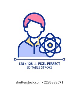 STEM teacher pixel perfect RGB color icon. Education specialist job. Tutor for students using modern technology. Isolated vector illustration. Simple filled line drawing. Editable stroke