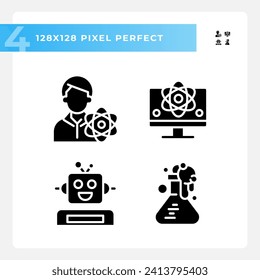 STEM technology and AI pixel perfect black glyph icons set on white space. Education industry development. Automation setup. Silhouette symbols. Solid pictogram pack. Vector isolated illustration