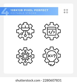 STEM technology settings pixel perfect linear icons set. Digital science lessons. Education improvement. Customizable thin line symbols. Isolated vector outline illustrations. Editable stroke