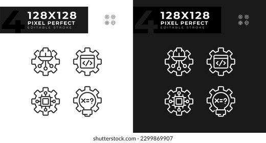 STEM technology settings pixel perfect linear icons set for dark, light mode. Digital science lessons. Education. Thin line symbols for night, day theme. Isolated illustrations. Editable stroke