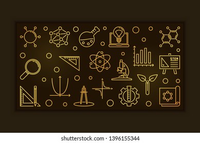STEM vector concept golden outline horizontal banner or illustration on dark background
