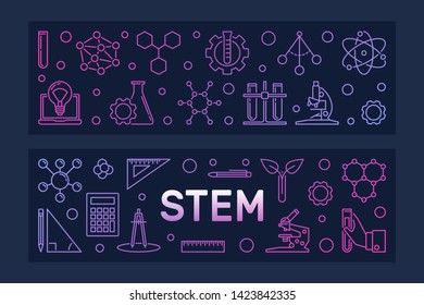 STEM vector concept two colorful banners in outline style on dark background