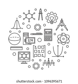 STEM vector round minimal illustration in thin line style. Science, technology, engineering and mathematics symbol