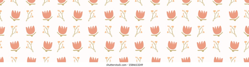 Stemmed Daisy Wildflower Motif Banner Background. Naive Margerite Flower Seamless Border Pattern. Delicate Leaf Twig Hand Drawn Textile. Babys Breath Summer Floral Ribbon Trim Edge. Vector EPS 10