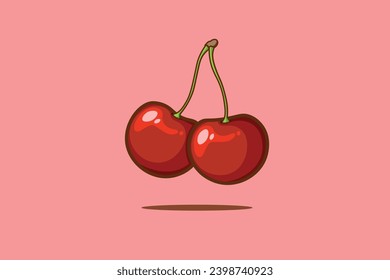 Stemmed ripe cherries on vector pink humbrol background