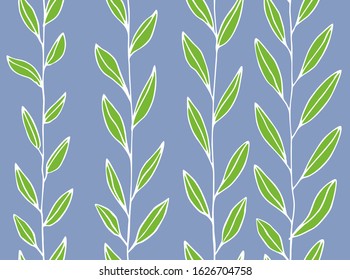 Stems with green leaves on a gray background. Seamless pattern. Vector hand drawing