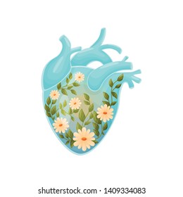 Stems with leaves and white flowers inside the heart. Vector illustration on white background.