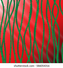 The stems of roses with sharp spines. Rose tree thorns. Abstract background.