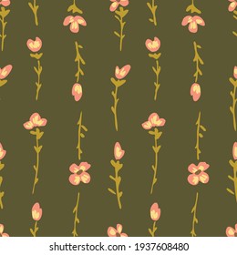 Stems with tiny flowers placed vertically forming floral stripes. Sweet floral seamless vector pattern in pink, champagne and green. Great for home decor, fabric, wallpaper, gift-wrap, stationery, etc