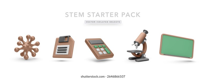 STEM-Themed Vector Icons Featuring Virus Cell, Clipboard, Calculator, Microscope, and Chalkboard. Perfect for Science, Math, and Education Designs. Vector Illustration.