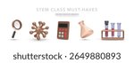 STEM-Themed Vector Illustration Featuring Magnifying Glass, Virus Cell, Calculator, Flask, and Test Tubes. Great for Science Education, Lab Projects, and School Materials.