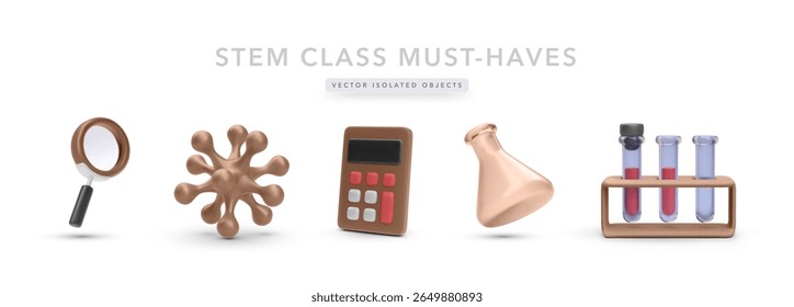 Ilustração de vetor com tema de tronco com lupa, célula de vírus, calculadora, frasco e tubos de teste. Excelente para Educação Científica, Projetos de Laboratório e Materiais Escolares.