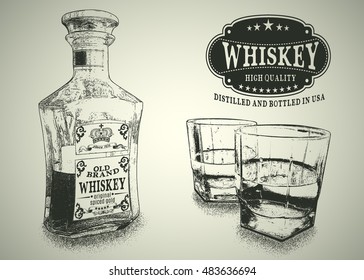 Stemware and bottle with whiskey.Engraving style.Design for advertising of alcohol drink.Vector illustration