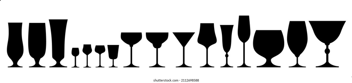 Stemware collection set. Vector isolated black elements for web, culinary infographic, brochure, restaurant presentation