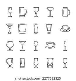 Stemware für Getränke schwarze Linie Symbole Set. Piktogramme für Webseiten, mobile App, Werbung. 