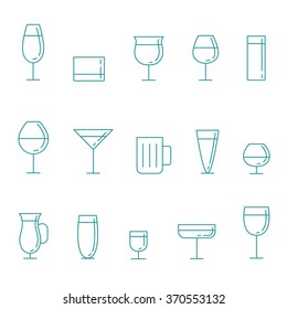 Stemware and glasses outline blue vector icons set. Modern minimalistic design.