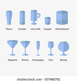 Stemware, set of glasses types. cocktail, wine, brandy Flat vector illustration