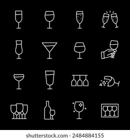 Stemware, white line icons. Various types of wine glasses and drinkware. culinary and hospitality themes. Symbols on black background. Editable stroke.