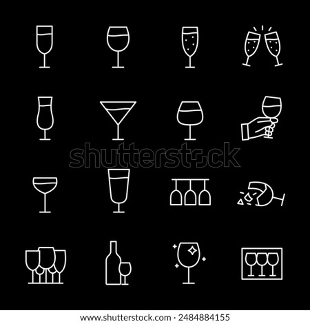 Stemware, white line icons. Various types of wine glasses and drinkware. culinary and hospitality themes. Symbols on black background. Editable stroke.
