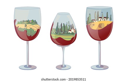 Stemware or Wine Glass with Bowl and Vineyard Scene Inside Vector Set