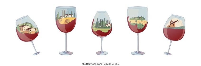 Stemware or Wine Glass with Bowl and Vineyard Scene Inside Vector Set
